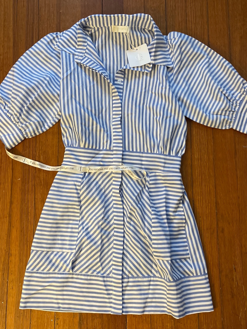 NWT VITA GRACE Levante Dress in Stripe Blue and White Puff Sleeve Collar Mini - Picture 8 of 10